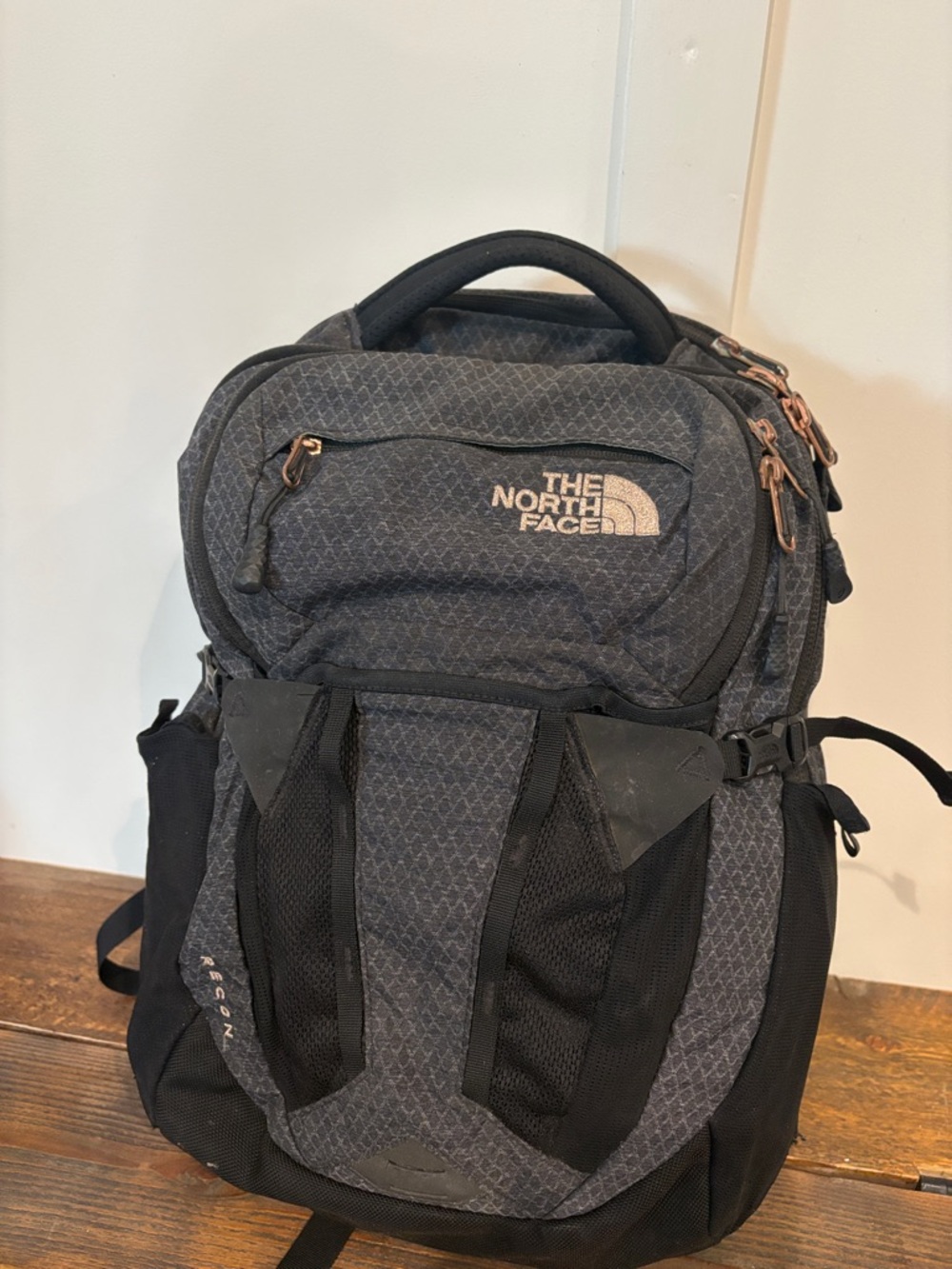 The North Face Black and Gray  Backpack with Rose Gold Accents